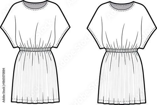 Two White Dress Patterns with Black Outlines and Gray Necklines