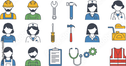 FlatVectorIconsWorkMedicalToolsProfessionsSetColorfulIllustration