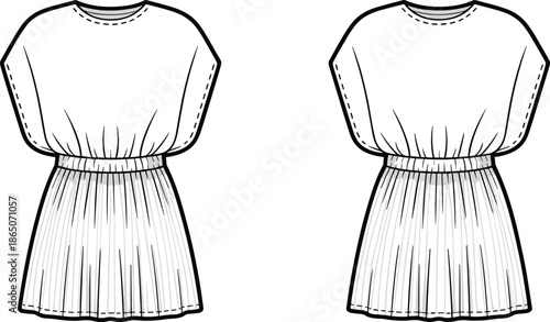 Two White Dresses with Black Outlines and Pleated Skirts Illustrated on a White Background