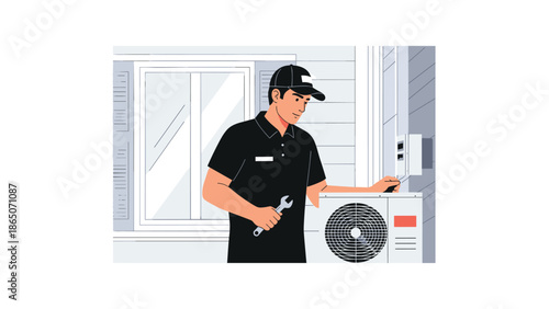 Focused HVAC technician in a dark uniform and cap, holding a wrench and screwdriver, diligently servicing an outdoor air conditioning unit mounted next to a house wall, ensuring optimal performance.