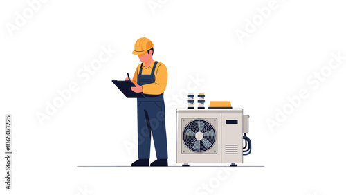 Professional HVAC technician wearing a hard hat and overalls, meticulously inspecting an outdoor air conditioning unit and making notes on a clipboard, signifying thorough maintenance and checks.