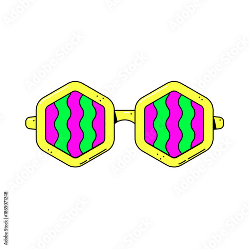 Psychedelic Hexagonal Eyewear with Vibrant Pink, Green, and Yellow Patterns
