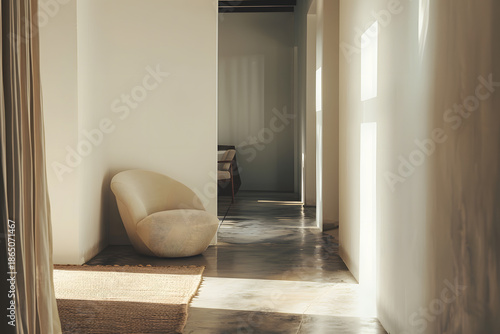 Minimalist Interior Corridor with Lounge Chair and Soft Natural Light