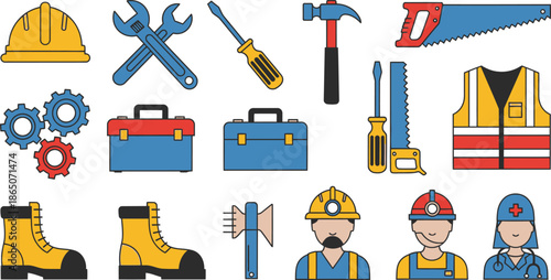 Flat Construction Tools and Safety Gear Set