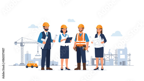 Diverse team of construction professionals, including architects, engineers, and workers in hard hats and safety vests, collaborating and reviewing blueprints at an active building site.
