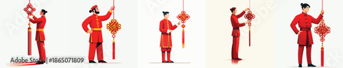 vector of a man standing while hanging Chinese New Year knot decorations