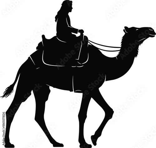 Black silhouette of a person riding a dromedary camel walking through the desert isolated on white background vector illustration