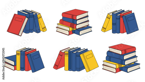 Six diverse arrangements of colorful hardcover books, presented in various stacks and formations, showcasing a rich collection of literature and symbolizing vast knowledge and learning resources.