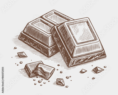 Vintage vector engraving of chocolate pieces with detailed hand-drawn texture.