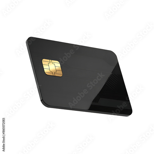 3D Realistic Black Glossy Credit Card with Gold Chip Isolated on White
