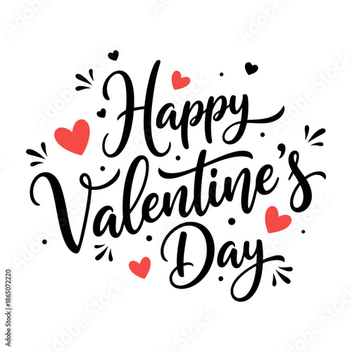 Happy Valentine's Day. Handwritten calligraphic lettering with red hearts.