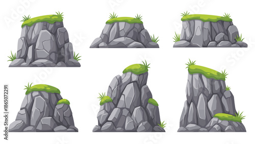 Collection of six unique, rugged rock formations in various shapes and sizes, each adorned with patches of vibrant green grass, symbolizing natural landscapes and geological diversity.