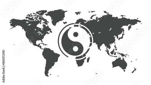 Global harmony symbol with yin yang on world map background
