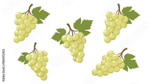 Assortment of five succulent green grape bunches, each with distinct shapes and a few leaves, scattered artfully, representing fresh fruit, healthy eating, and natural sweetness.