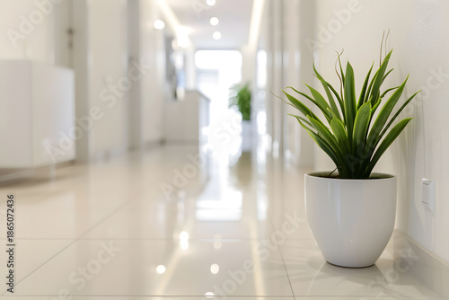 Minimalist White Office Corridor with Potted Plant and Soft Light