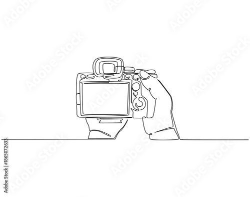 Continuous line drawing of hand holding camera. Single line illustration of hand hold camera. Photograph, journalist concept. Editable outline