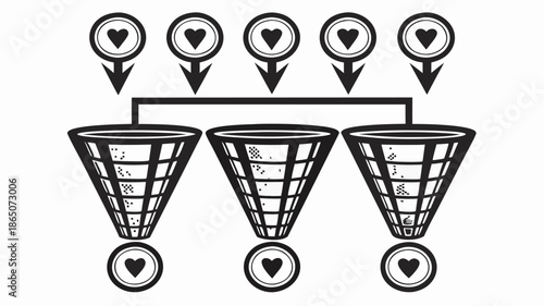 Effective sales funnel strategy with heart icons and three stages