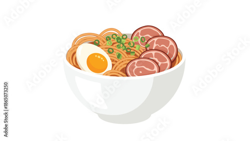 Delicious bowl of classic ramen noodles, topped with perfectly sliced char siu pork, a soft-boiled egg, and fresh green onions, representing authentic Japanese cuisine and comfort food.