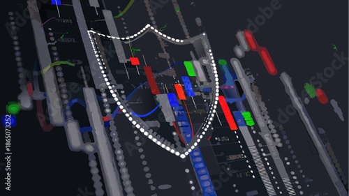 Cybersecurity concept with shield protecting data on stock market screens