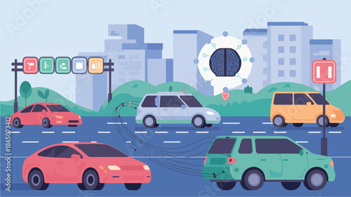 Autonomous cars connected to brain network in city traffic self driving car artificial intelligence