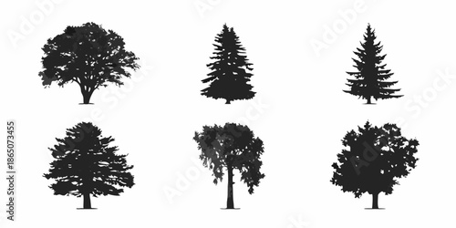 A collection of black silhouette trees with varying shapes and foliage