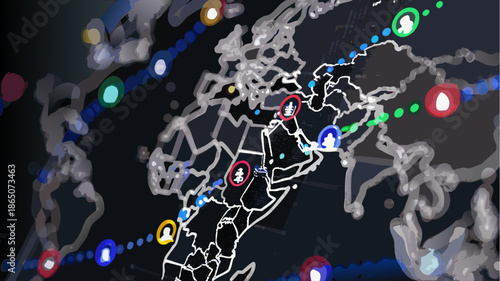 Global connections map with colorful network lines and icons
