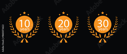 10, 20 and 30 Years Anniversary Laurel Wreath Badges on Black Background
