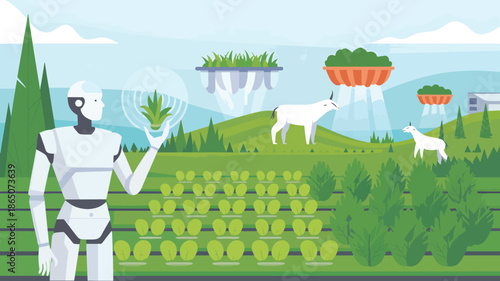 Robot tending green plants in a futuristic farm with goats android agriculture