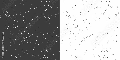 A split image displaying contrasting black and white speckled patterns