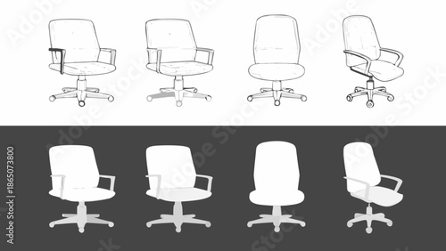 A set of office chair designs shown in different views and color schemes