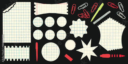 Assorted stationery items including paper clips and speech bubbles on black