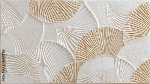 Freeform minimal Japanese curves resembling floating petals in soft beige and white tones create calming and elegant textured wall design with modern artistic feel