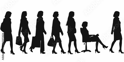 Silhouette series of women in diverse poses and fashionable attire