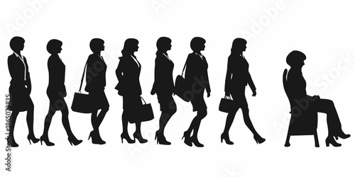 Silhouette of business women walking in a line a seated figure included