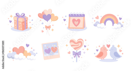 Valentine’s Day cute icons set with gifts, hearts, balloons, calendar and love birds. Soft pastel flat illustration for greeting cards, romantic messages, social media and decor design.