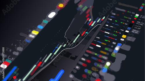 Vibrant city traffic at night with colorful lights and busy streets