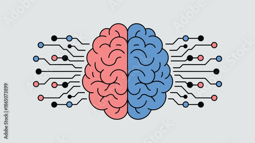 Pink and blue brain halves connected to digital circuit lines and nodes, mind thinking, intelligence 