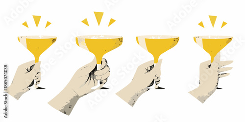 Four hands elegantly holding golden cocktail glasses in a celebratory scene
