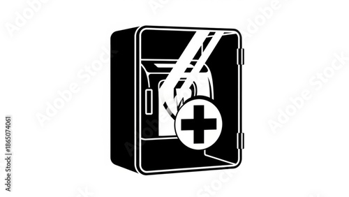 A safe with an open door revealing a plus sign inside