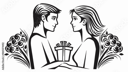 Man giving gift to woman in romantic floral setting