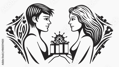 Man and woman exchanging a gift with floral background