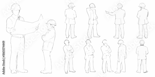 Line art illustration depicting various poses of construction workers and engineers