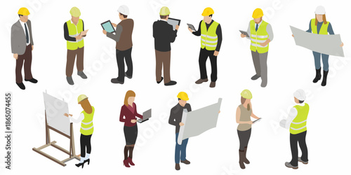 Isometric construction workers and professionals in various work poses and attire