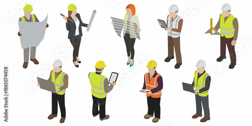 Isometric construction workers with plans tablets and safety equipment depicted