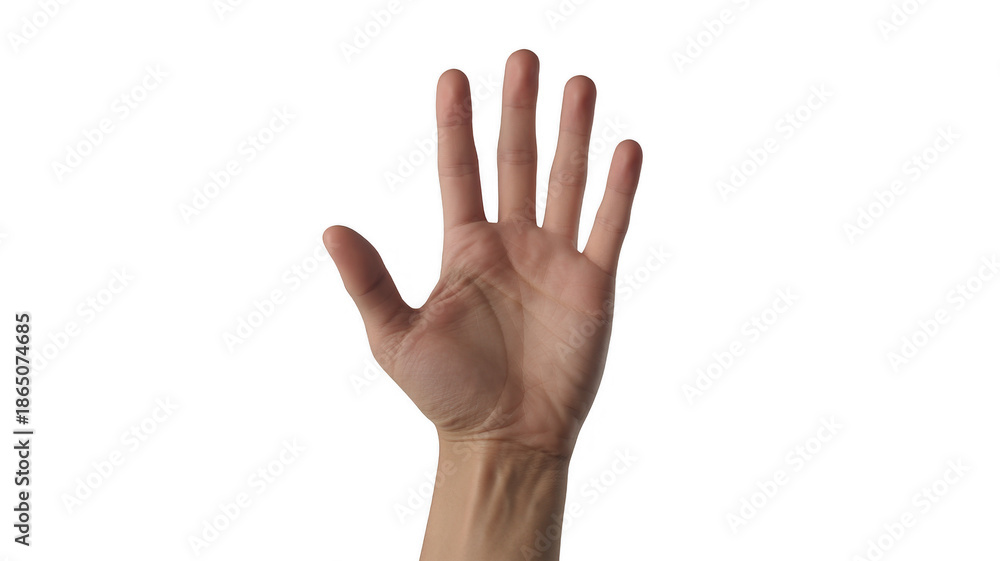 Fototapeta premium Hand with palm facing forward and fingers spread human hand isolated on a transparent background