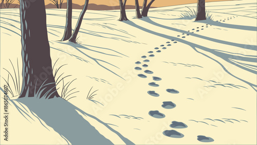 Illustration of a serene winter landscape with footprints in the snow leading through trees with warm orange and yellow hues in the background.