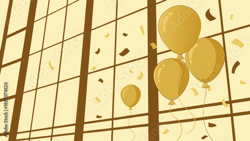 Illustration of gold balloons and confetti floating in front of a large window with a grid pattern, conveying a celebratory mood.