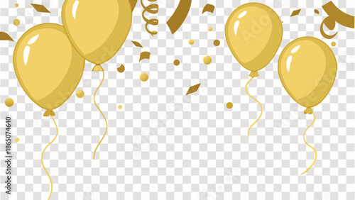 Golden balloons and confetti on a transparent background with a celebratory atmosphere.