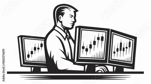 Businessman analyzing stock market data on multiple screens