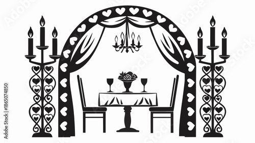 Romantic dinner setup with heart decorated archway and candles